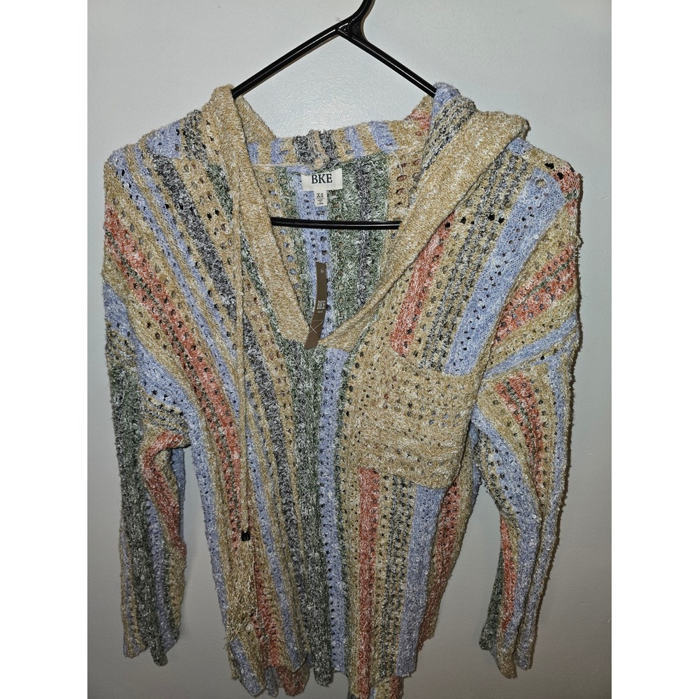 BKE Womens Multi Color Striped Open Knit Hooded Sweater Tassel IBT28008B XS NEW